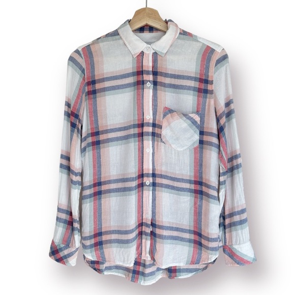 Rails Button-up Plaid Top Linen Blend Top Charlie White Melon Sage XS - Picture 1 of 10